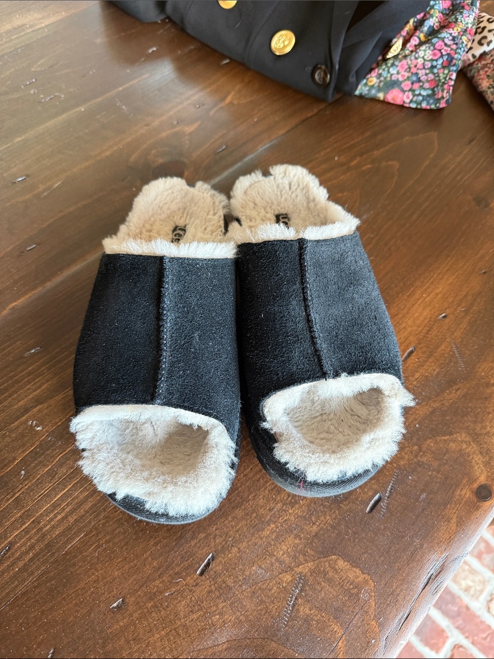 UGG Black Suede Open-Toe Shearling Slide Slippers